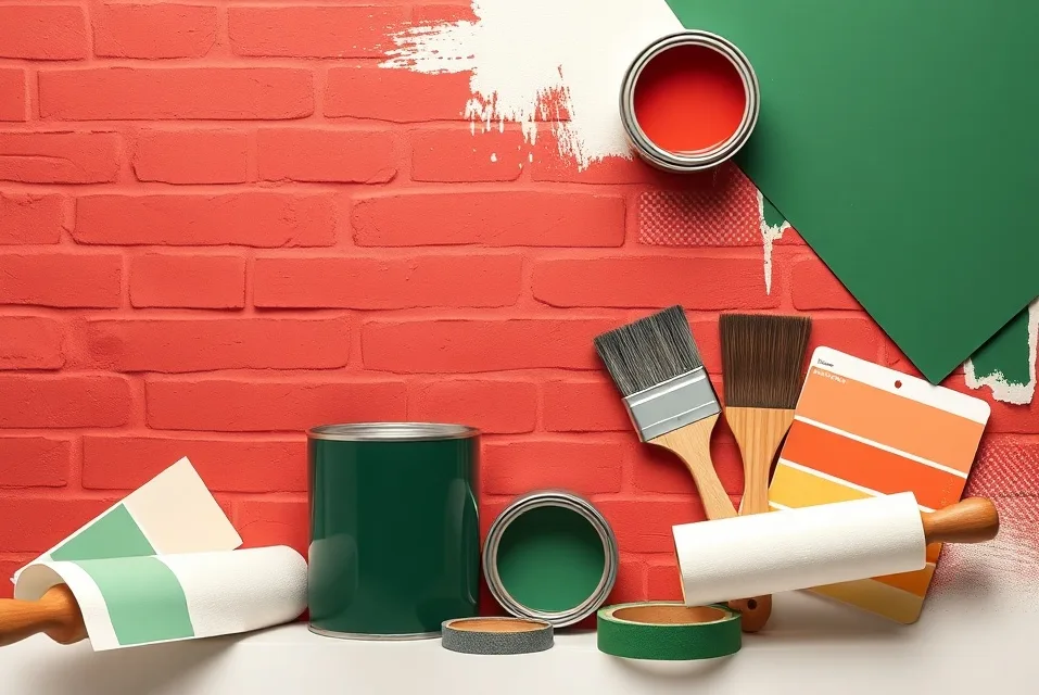Pots de peinture, nuancier, brosses et rouleaux disposés à plat