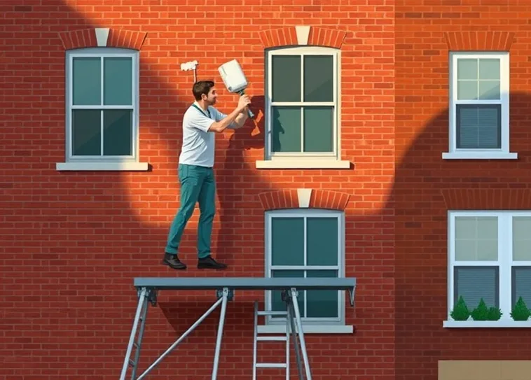 Peintre sur échafaudage traitant la façade d'une maison